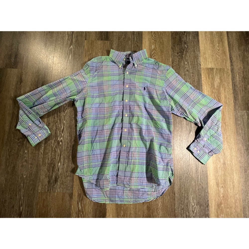 Ralph Lauren Button Down Shirt Mens XL Green Blue Plaid Performance Long Sleeve